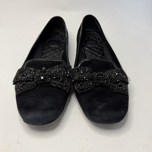 Tory Burch Carissa Embellished Bow Suede Leather Black Ballet Flat Size 7.5 M - Picture 3 of 14